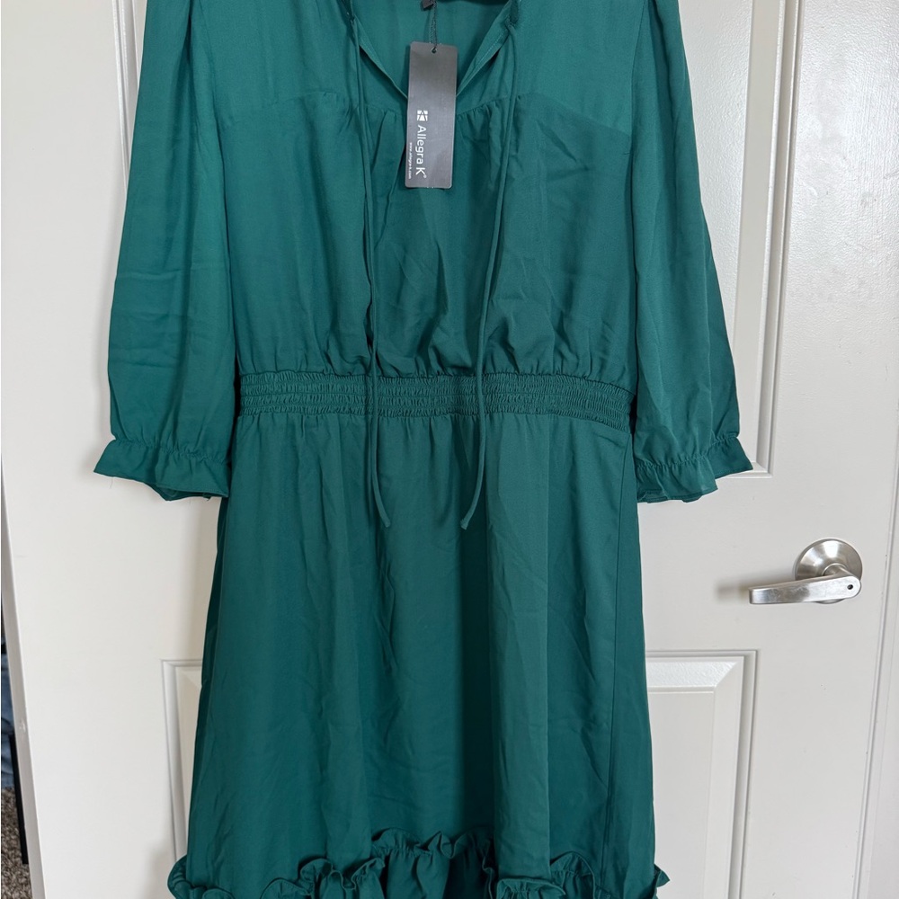 Allegra K Green Long Sleeve Midi Dress Ruffle Hem Size L NWT